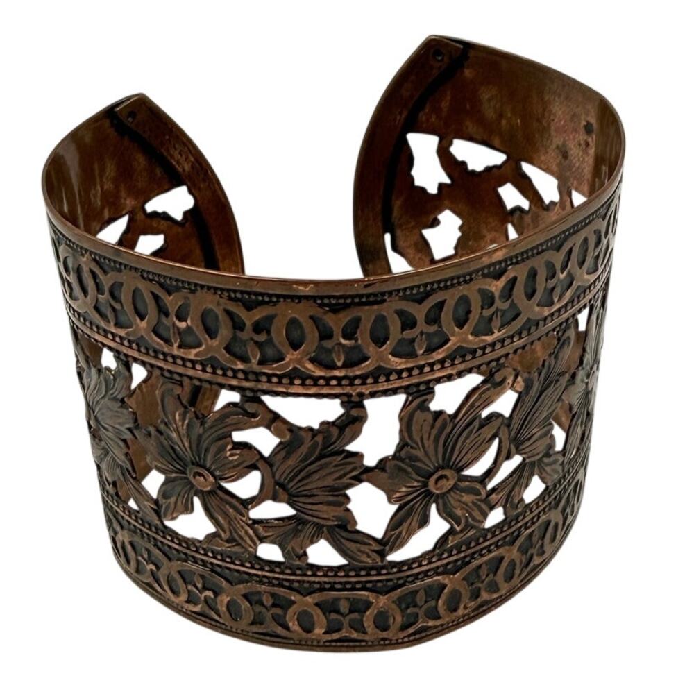 Vintage Solid Copper Floral Pierced Wide Bracelet Boho Southwestern